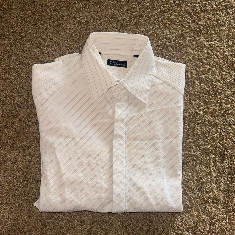men’s large ‘7 diamonds’ white/blue diagonal striped long sleeve button-up shirt
